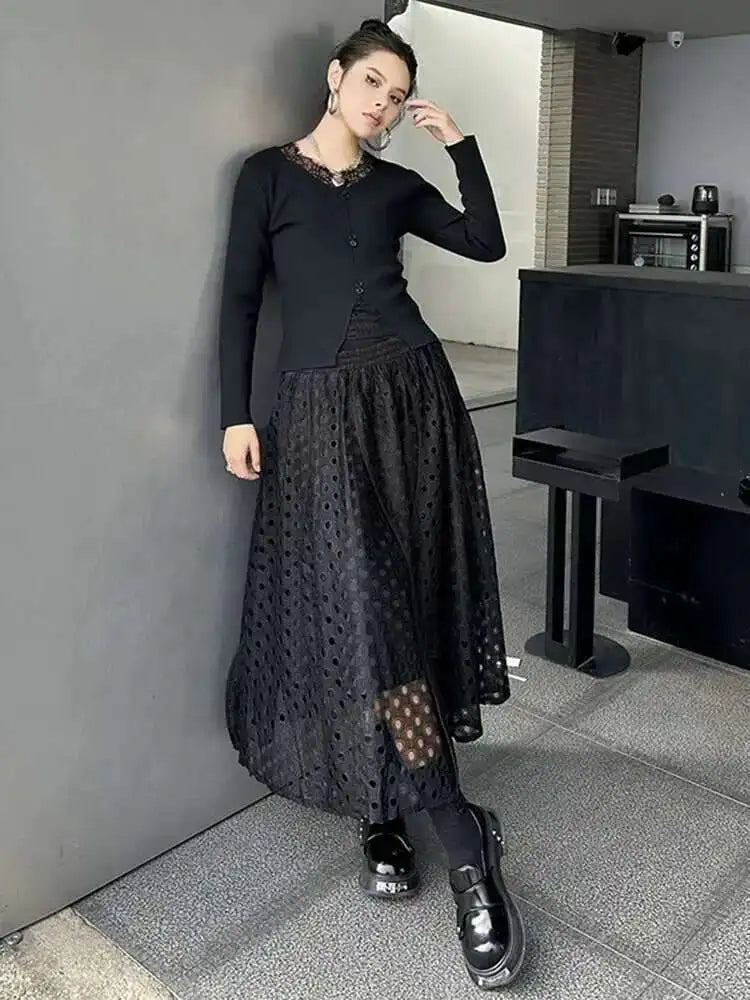 High Elastic Waist Black Lace Hollow Out A-line Elegant Half-body Skirt Women Fashion Tide New Spring Autumn 2025 1DH8738