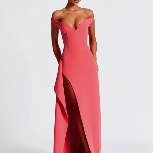Load image into Gallery viewer, Off-shoulder Backless Split Sexy Maxi Dress Women Gown Pink Summer New Zipper Strapless Evening Club Party Long Dress
