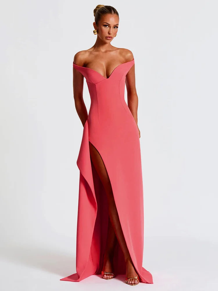 Off-shoulder Backless Split Sexy Maxi Dress Women Gown Pink Summer New Zipper Strapless Evening Club Party Long Dress