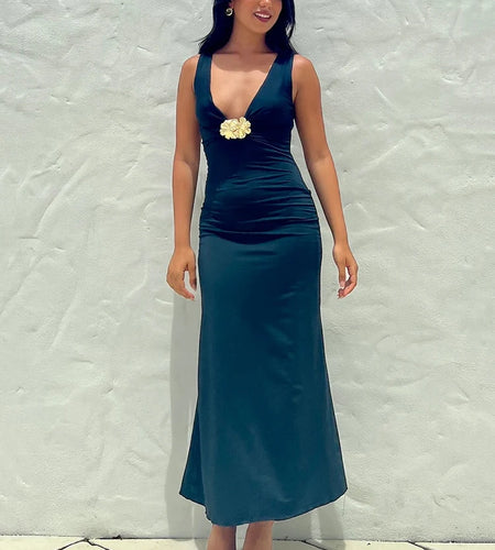 Elegant Deep V Neck Front Gold Clasp Sexy Maxi Dress For Women Black Gown Sleeveless Slim Fit Long Tank Dress Elegant