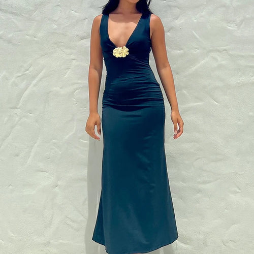 Load image into Gallery viewer, Elegant Deep V Neck Front Gold Clasp Sexy Maxi Dress For Women Black Gown Sleeveless Slim Fit Long Tank Dress Elegant
