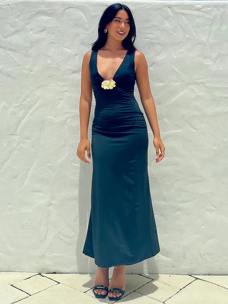 Elegant Deep V Neck Front Gold Clasp Sexy Maxi Dress For Women Black Gown Sleeveless Slim Fit Long Tank Dress Elegant