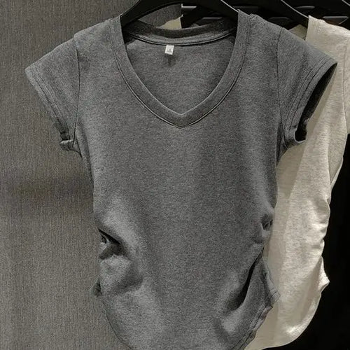 Load image into Gallery viewer, Summer Solid V Neck Pullover Irregular Pleated T Shirt Women Short Sleeved Holiday Tops 2024 Korean Fashion Simplicity Clothing
