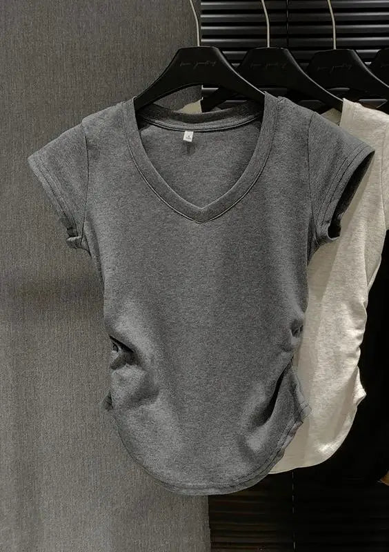 Summer Solid V Neck Pullover Irregular Pleated T Shirt Women Short Sleeved Holiday Tops 2024 Korean Fashion Simplicity Clothing