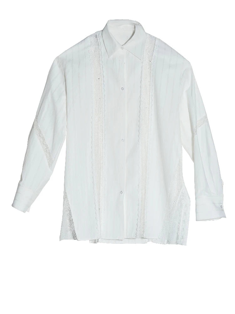 Women White Lace Hollow Out Big Size Elegant Blouse New Lapel Long Sleeve Shirt Fashion Tide Spring Autumn 2025 1DJ0688