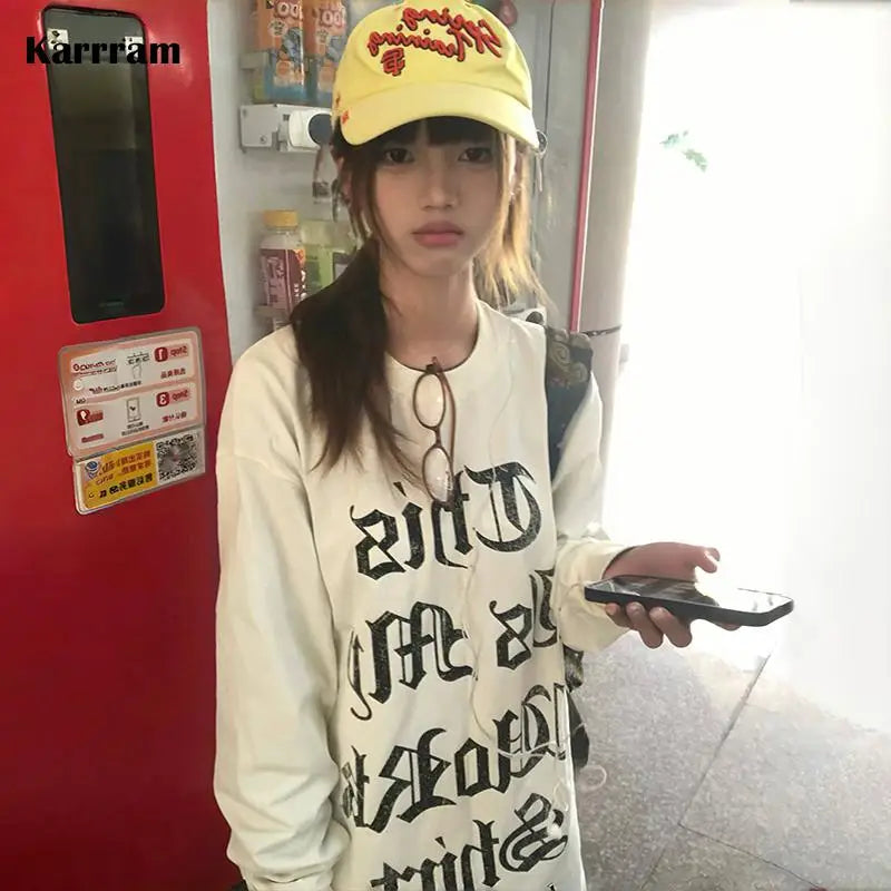 Japanese Y2k Letter Print T-shirt 2000s Style Long Sleeve T Shirt Vintage Harajuku White Loose Tops American Retro 90s