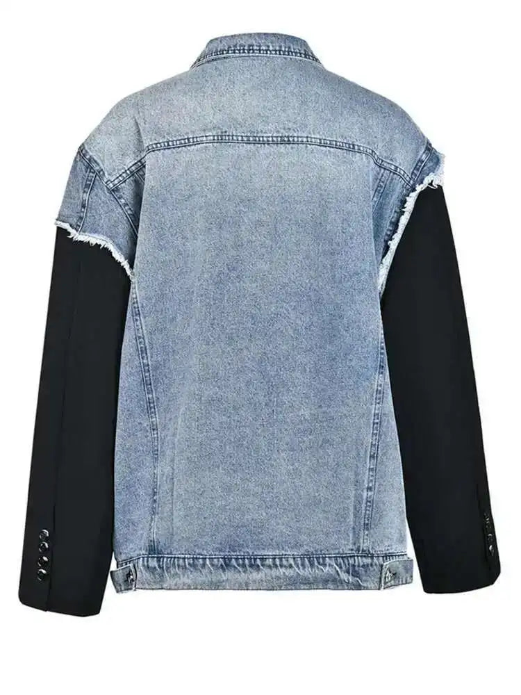 Loose Fit Blue Denim Burr Big Size Casual Jacket New Lapel Long Sleeve Women Coat Fashion Tide Spring Autumn 2025 CP2143