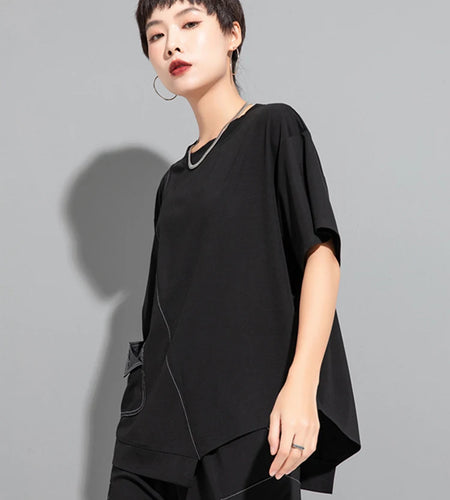 Women White  Topstitched Irregular Hem Big Size T-shirt New Round Neck Short Sleeve Fashion Spring Summer 2025 1DJ1753