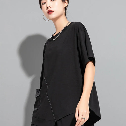 Load image into Gallery viewer, Women White  Topstitched Irregular Hem Big Size T-shirt New Round Neck Short Sleeve Fashion Spring Summer 2025 1DJ1753
