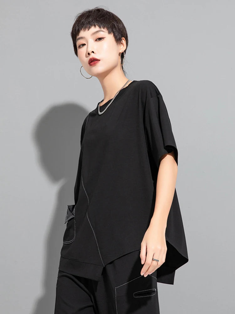 Women White  Topstitched Irregular Hem Big Size T-shirt New Round Neck Short Sleeve Fashion Spring Summer 2025 1DJ1753