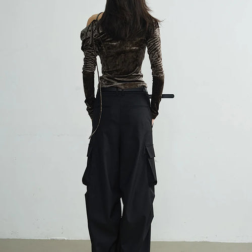 Load image into Gallery viewer, Women Dark Green Velvet Elegant T-shirt New Asymmetrical Collar Long Sleeve Fashion Tide Spring Autumn 2025 1DJ1732
