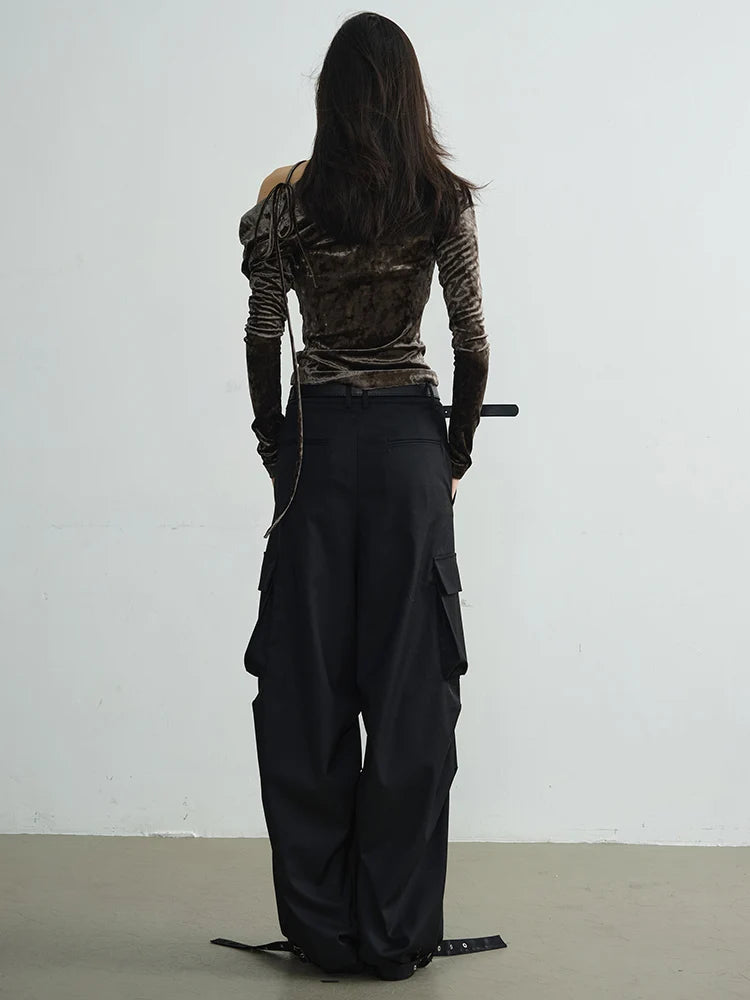 Women Dark Green Velvet Elegant T-shirt New Asymmetrical Collar Long Sleeve Fashion Tide Spring Autumn 2025 1DJ1732