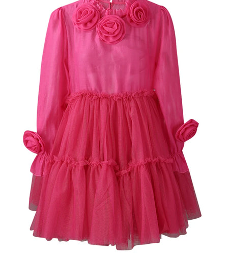 Women Rose Red Mesh Flower Big Size Mini Dress New Stand Collar Long Sleeve Fashion Tide Spring Autumn 2025 CPG3051