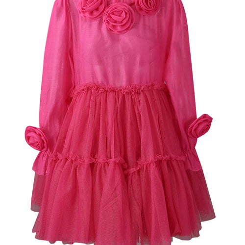 Load image into Gallery viewer, Women Rose Red Mesh Flower Big Size Mini Dress New Stand Collar Long Sleeve Fashion Tide Spring Autumn 2025 CPG3051
