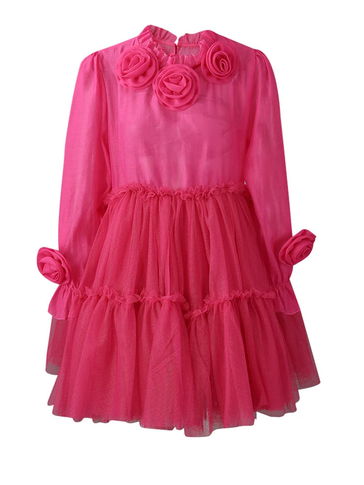 Women Rose Red Mesh Flower Big Size Mini Dress New Stand Collar Long Sleeve Fashion Tide Spring Autumn 2025 CPG3051