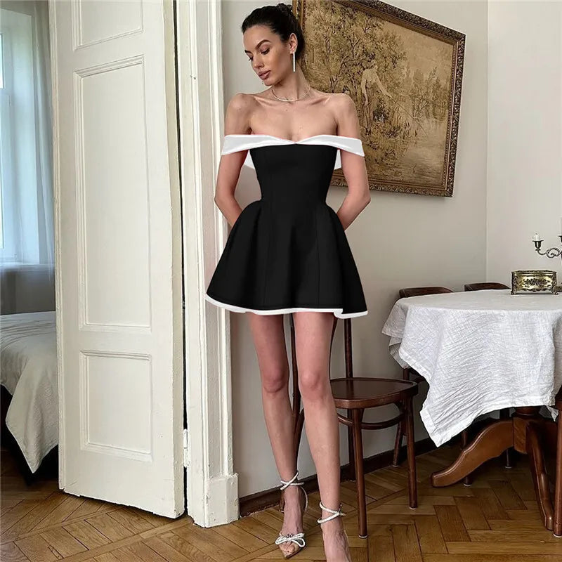 Off-shoulder Strapless Sexy Mini Dress Women Fashion Patchwork Sleeveless Backless High Waist A-line Club Party Dress