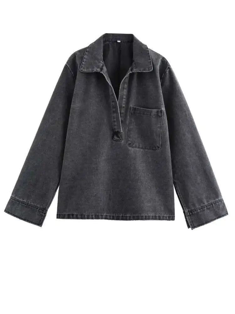 Big Size Blue Denim Shirt Wide Leg Pants Two Piece Suit New Lapel Long Sleeve Women Fashion Spring Autumn 2025 1DH6390