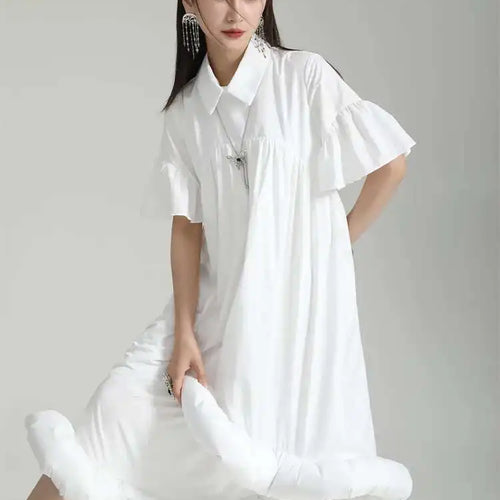 Load image into Gallery viewer, Women White Pleated Hem Ruffles Big Size Shirt Dress New Lapel Short Sleeve Loose Fit Fashion Spring Summer 2025 1DF7190
