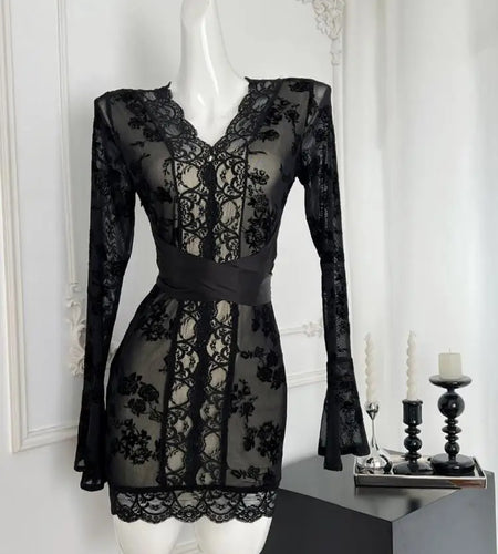 Korean Women New Black Patchwork Lace V Neck Long Sleeve Bandage Dress Autumn Yellow Print Elegant Sexy Party Short Dress Trendy