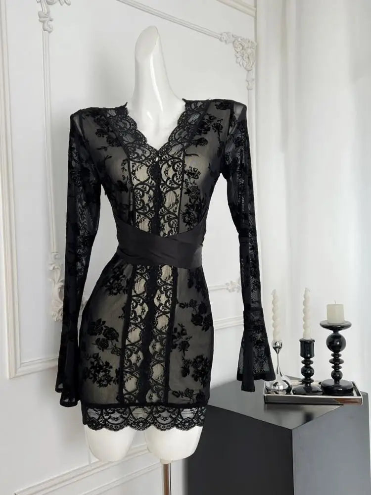 Korean Women New Black Patchwork Lace V Neck Long Sleeve Bandage Dress Autumn Yellow Print Elegant Sexy Party Short Dress Trendy