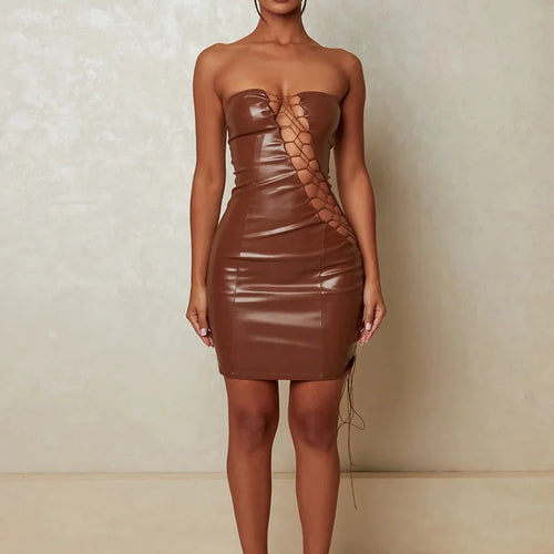 Load image into Gallery viewer, Hollow Out PU Leather Sexy Mini Dresses For Women Strapless Sleeveless Backless Bodycon Party Short Dress Vestido
