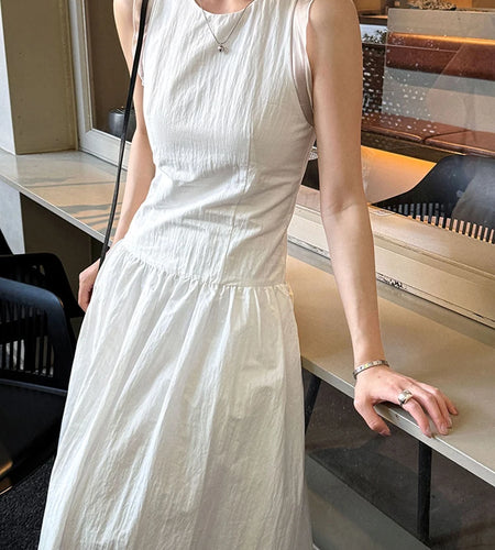 Women Coffee Color-block Elegant Long Vest Dress New Round Neck Sleeveless Fashion Tide Spring Summer 2025 1DJ0743