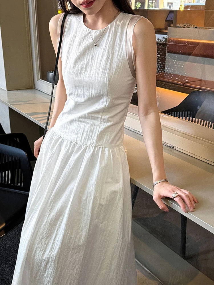Women Coffee Color-block Elegant Long Vest Dress New Round Neck Sleeveless Fashion Tide Spring Summer 2025 1DJ0743