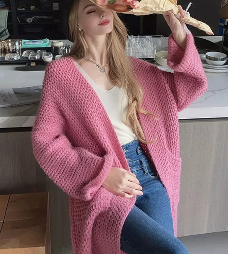 Rose Red Pocket Big Size Knitting Cardigan Sweater V-Neck Long Sleeve Women New Fashion Tide Autumn Winter 2023 C-072