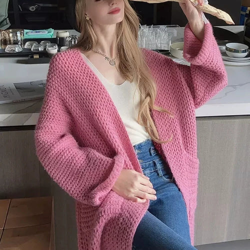 Load image into Gallery viewer, Rose Red Pocket Big Size Knitting Cardigan Sweater V-Neck Long Sleeve Women New Fashion Tide Autumn Winter 2023 C-072
