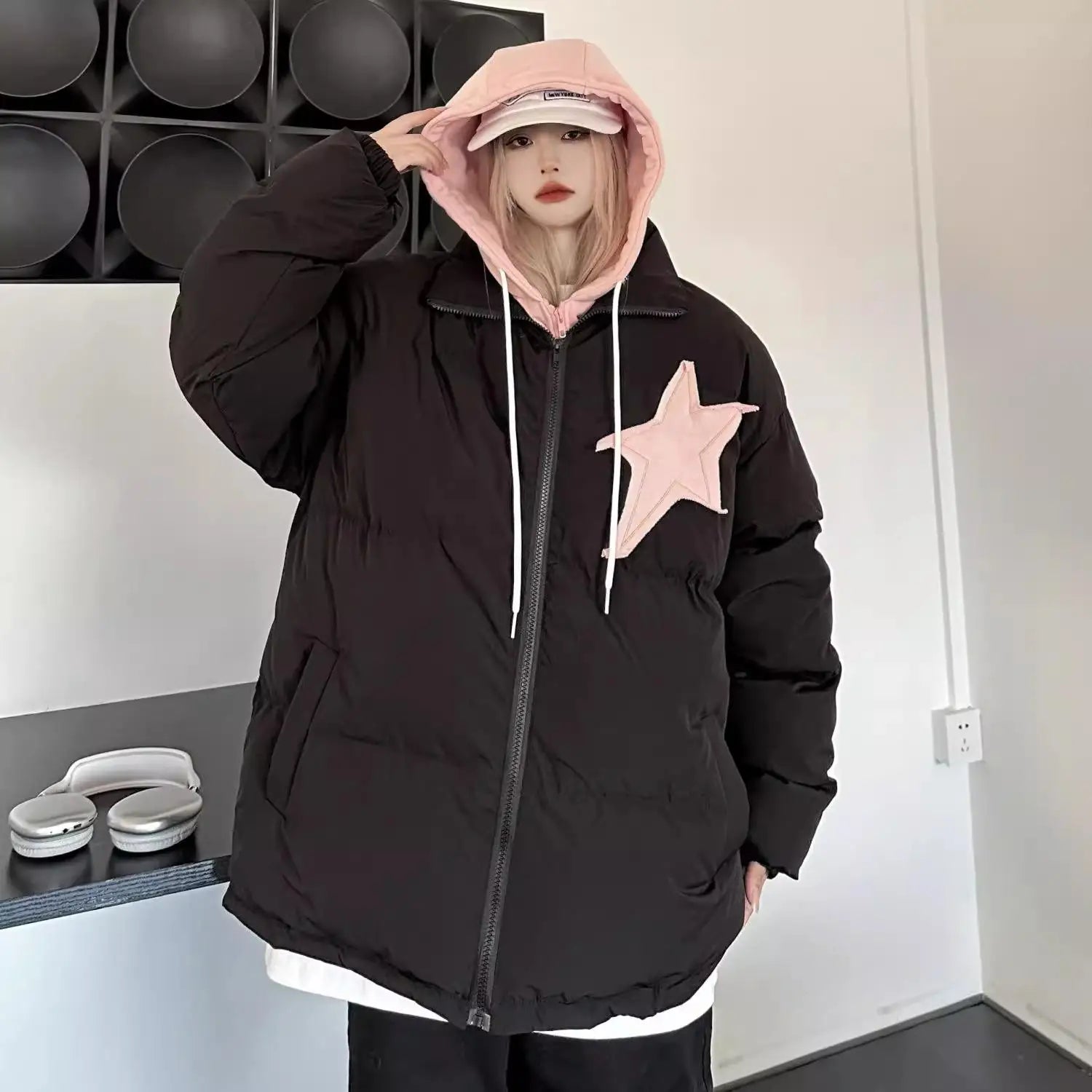 Winter Retro Thick Black Patchwork Jacket Korean Clothes Women Long Sleeves Hooded Cotton Parkas Ladies Zipper Coat Streetwear