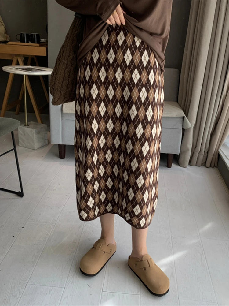 Vintage Rhombus Plaid Knitting Long Skirt Fashion Women High Waist Bodycon One Step Sweater Skirt Jacquard C-094