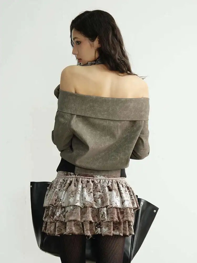 Women Apricot Silver Velvet Elegant Ruffles Mini Dress New Round Neck Sleeveless Fashion Tide Spring Autumn 20251DH8264