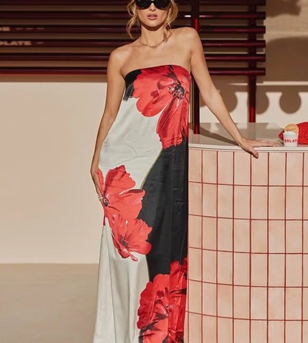 Strapless Floral Print Sexy Maxi Dress Women Gown Off-shoulder Sleeveless Backless A-line Club Long Dress Vestido