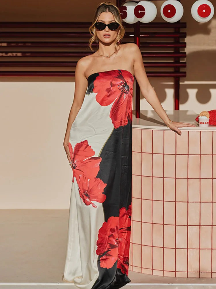 Strapless Floral Print Sexy Maxi Dress Women Gown Off-shoulder Sleeveless Backless A-line Club Long Dress Vestido