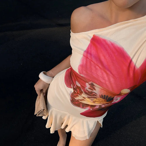 Load image into Gallery viewer, Skew Collar Ruffled Print Sexy Mini Dress For Women Off-shoulder Sleeveless Backless High Waist Printed Dress Vestido
