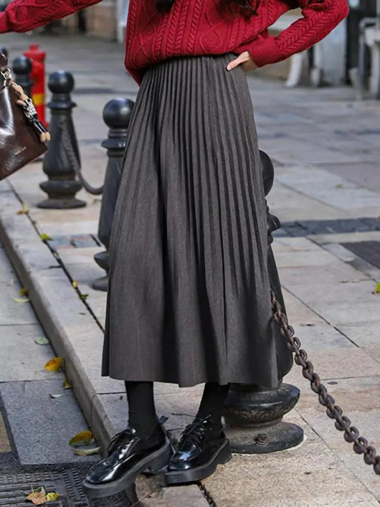 Autumn Winter Korean Fashion Solid Simple Pleated Long Skirt Women's 2024 Elegant High Waist Festival Woolen Skirt Trend Popular