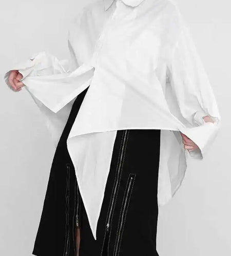 Women White Irregular Big Size Blouse New Lapel Long Sleeve Loose Fit Shirt Fashion Tide Spring Autumn 2025 1DE029900