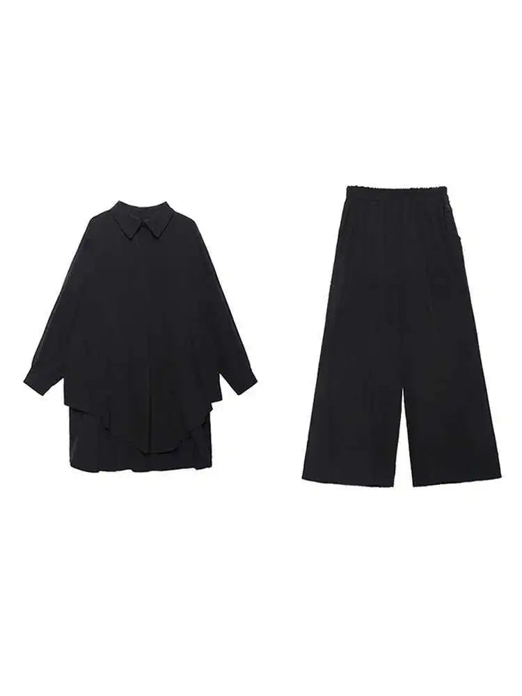 Wide Leg Pants Big Size Two Piece Suit New Lapel Long Sleeve Black Loose Fit Women Fashion Tide Spring Autumn 2025 1DF0685