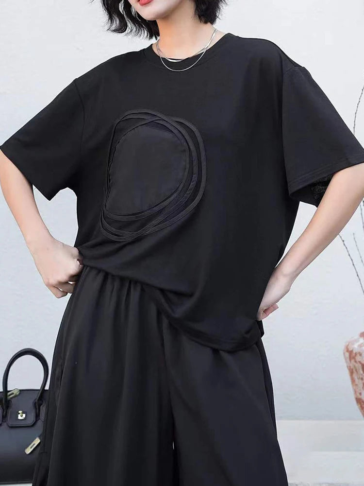 Women Whiite Pattern Printed Big Size Casual T-shirt New Round Neck Short Sleeve Fashion Tide Spring Summer 2025 1DJ0215