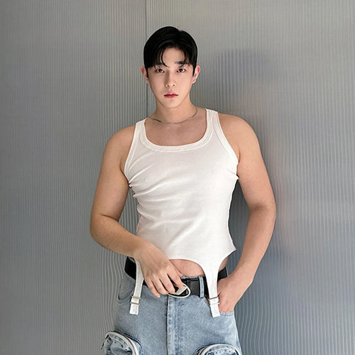 Load image into Gallery viewer, Personality Men&#39;s Wear Slim Vest Round Neck Irregular Hem Metal Buckle Tank Top Summer Stylish Male Sleeveless Top 5937
