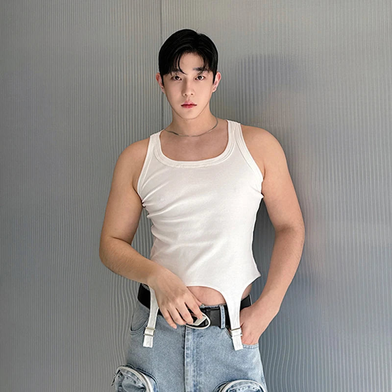 Personality Men's Wear Slim Vest Round Neck Irregular Hem Metal Buckle Tank Top Summer Stylish Male Sleeveless Top 5937