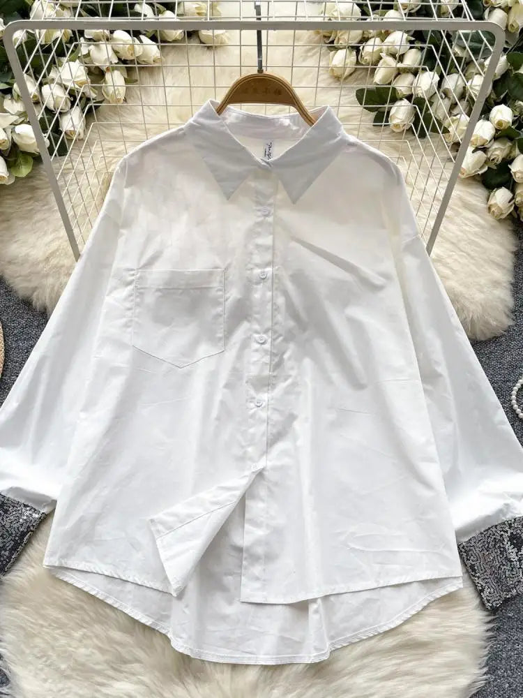 Autumn French Fashion Black White Patchwork Single Breasted Shirt Women Long Sleeves Tops Versatile Blouse Trendy Casual Popular