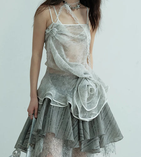 Low Waist Gray Lace Irregular Spliced Pleated Mini Half-body Skirt Women Fashion Tide New Spring Autumn 2025 1DJ0689