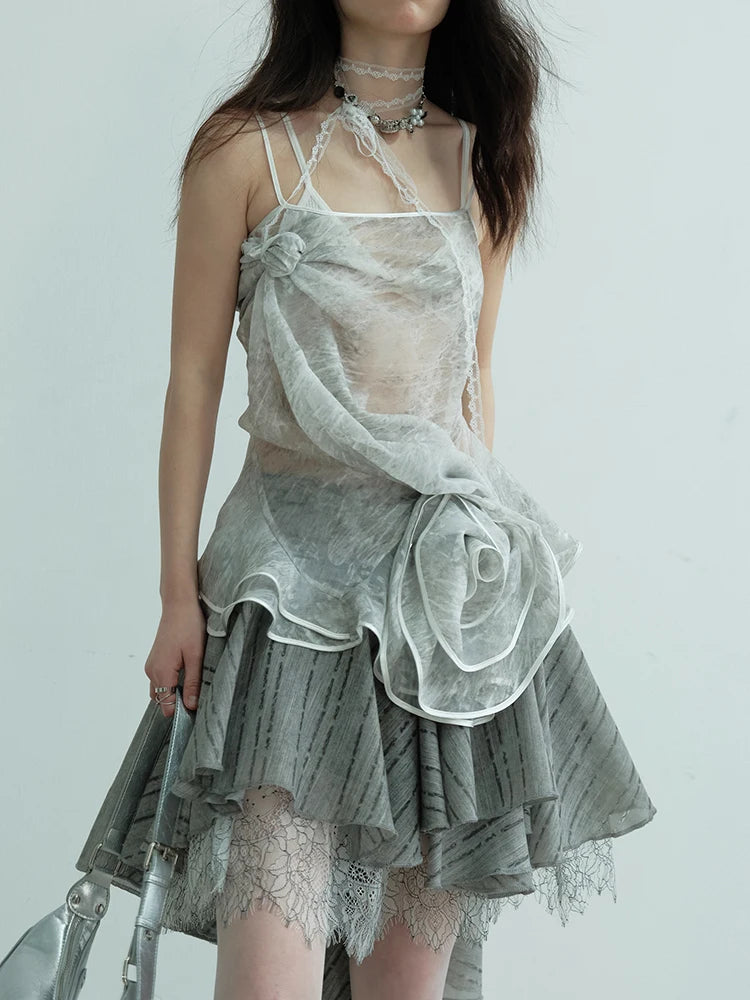 Low Waist Gray Lace Irregular Spliced Pleated Mini Half-body Skirt Women Fashion Tide New Spring Autumn 2025 1DJ0689