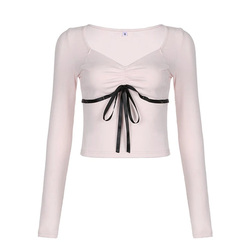 Load image into Gallery viewer, Korean Pink Sweet Fold Women T-shirts Slim Cropped Top Stitch Front Tie-Up Bow Autumn Tee Kawaii Coquette Clothes
