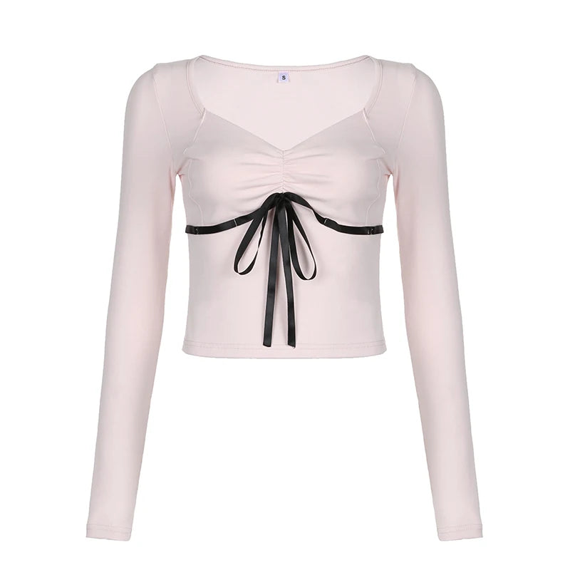 Korean Pink Sweet Fold Women T-shirts Slim Cropped Top Stitch Front Tie-Up Bow Autumn Tee Kawaii Coquette Clothes