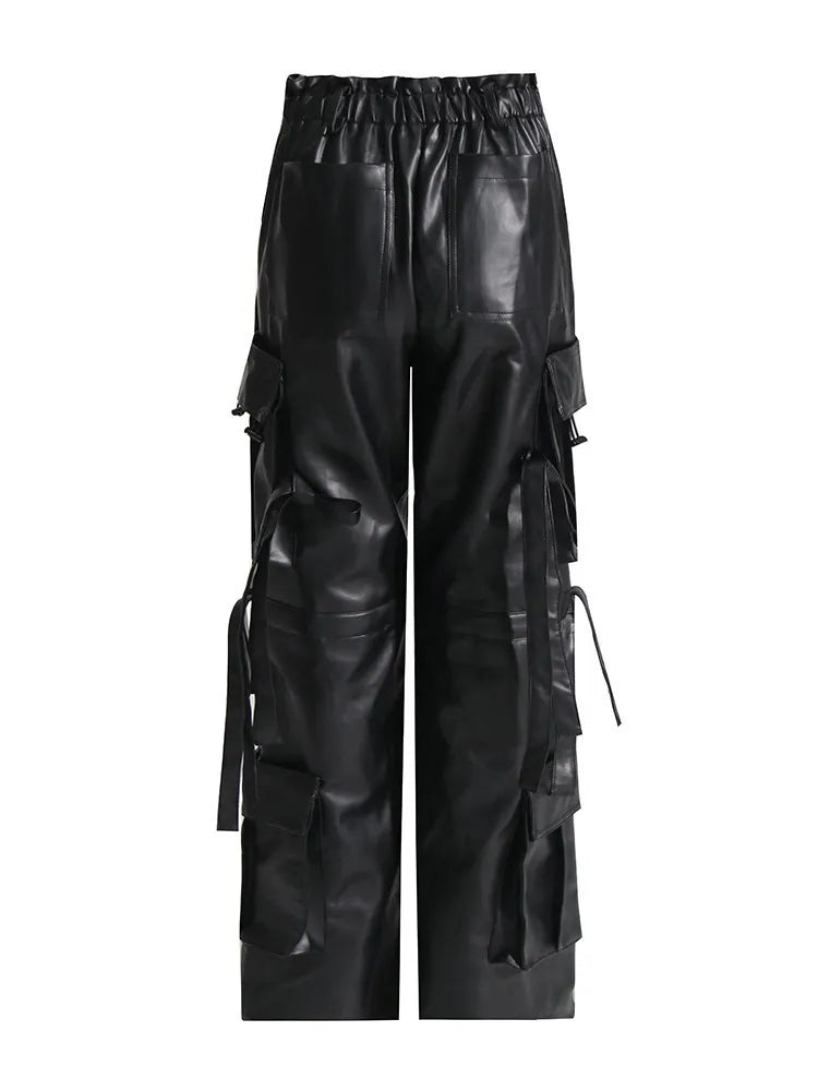 Patchwork Pockets Casual Leather Trousers For Women High Waist Spliced Drawstring Streetwear Loose Cargo Pants Female