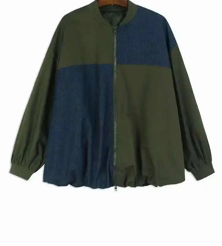 Black Color-block Big Size Casual Jacket New Stand Collar Long Sleeve Women Coat Fashion Tide Spring Autumn 2025 1DH7581