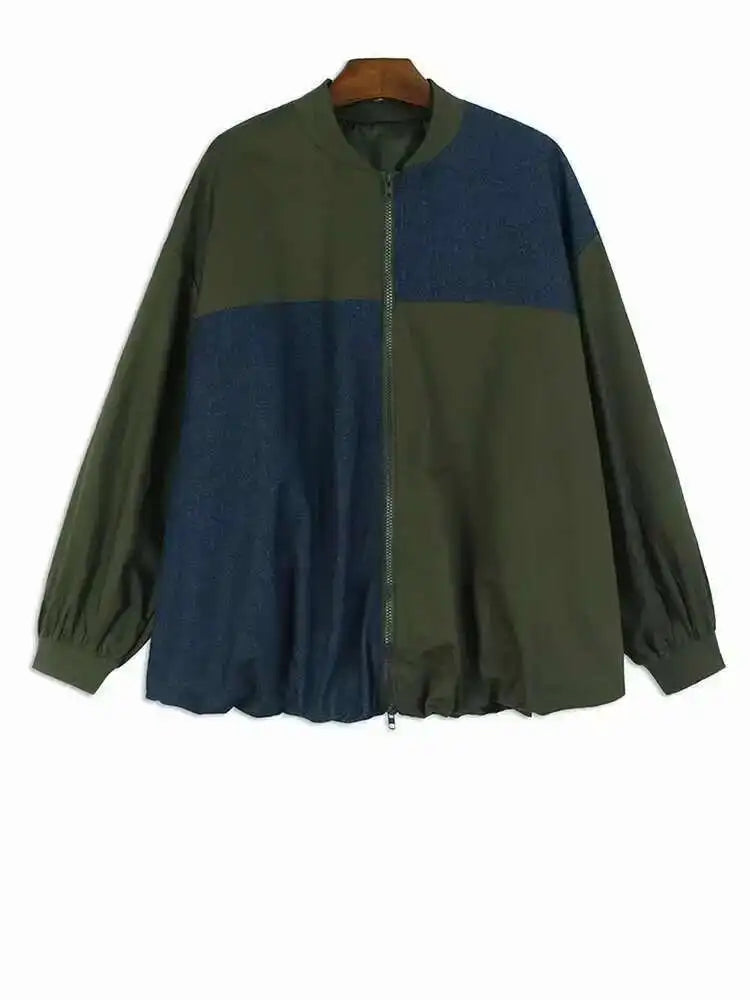 Black Color-block Big Size Casual Jacket New Stand Collar Long Sleeve Women Coat Fashion Tide Spring Autumn 2025 1DH7581