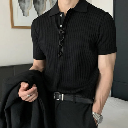 Load image into Gallery viewer, Summer Men&#39;s T-shirts Knitted Business Casual Korean Style Turn-down Collar Short Sleeve Pullover Male Tops 9C6346
